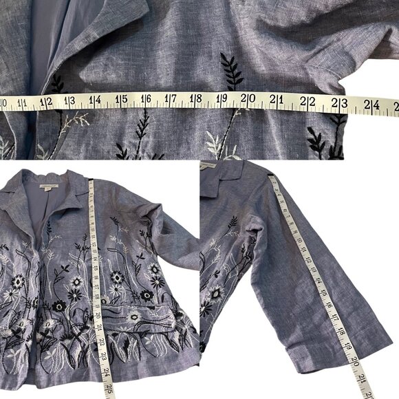 Coldwater Creek Womens Blue Linen Embroidered Jacket M Floral Design Long Sleeve - Picture 6 of 10